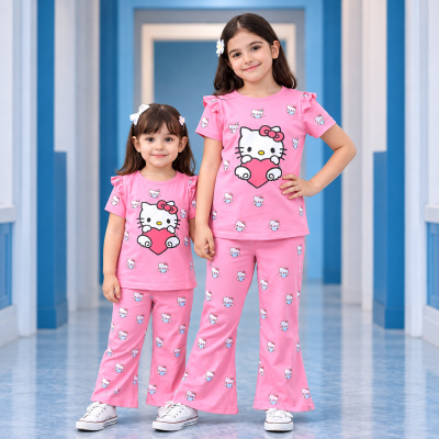 Cute Hello Kitty Printed Pink Girls' Two-Piece Set (Flutter Sleeve Top & Printed Pants Set)